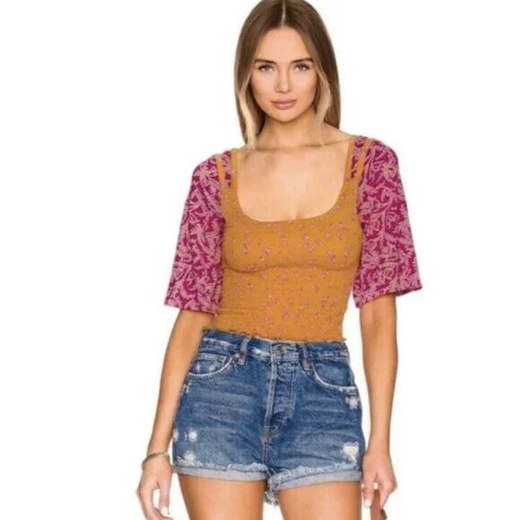 Free People Marigold Smocked Top.  Golden Combo. Size S. - Picture 1 of 8